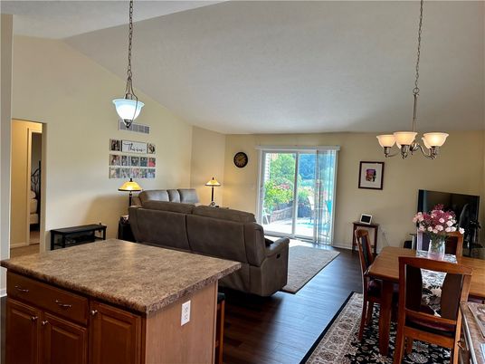 Dining room, Interior, Living room, Pendant Lights, Wood Texture Flooring