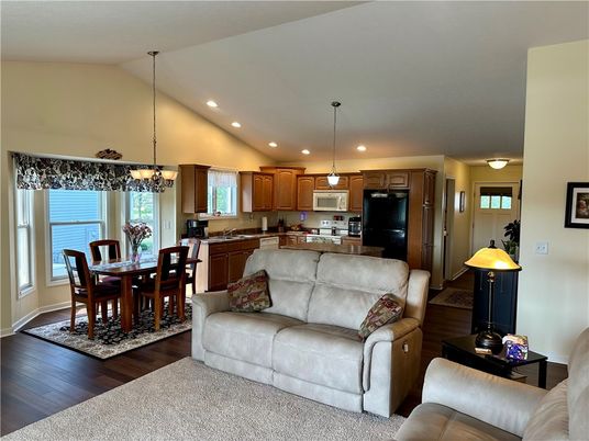 Chandelier, Dining room, Interior, Kitchen, Living room, Pendant Lights, Recessed Lighting, Wood Texture Flooring