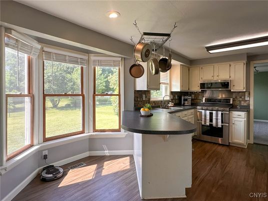 Interior, Kitchen, Recessed Lighting, Stainless Steel Appliances, Wood Texture Flooring