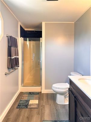 Bathroom, Glass Shower, Interior, Wood Texture Flooring
