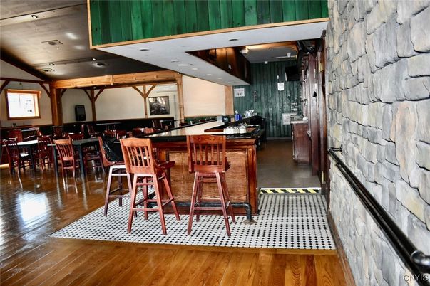 Dining room, Interior, Recessed Lighting, Stone Walls, Wood Texture Flooring