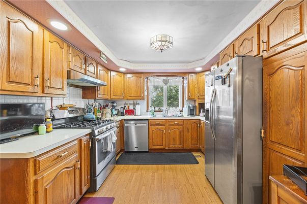 Interior, Kitchen, Recessed Lighting, Stainless Steel Appliances, Wood Texture Flooring