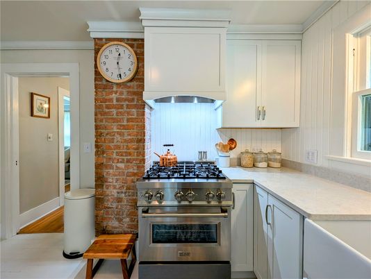 Interior, Kitchen, Stainless Steel Appliances, Stone Walls, Wood Texture Flooring