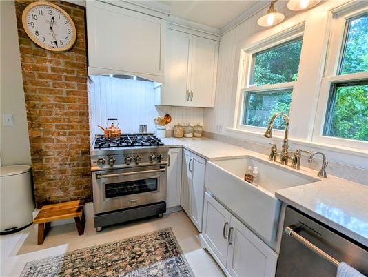 Interior, Kitchen, Pendant Lights, Stainless Steel Appliances, Stone Walls