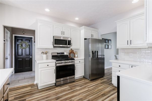 Interior, Kitchen, Recessed Lighting, Stainless Steel Appliances, Wood Texture Flooring