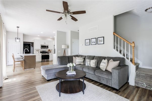 Dining room, Interior, Kitchen, Living room, Pendant Lights, Recessed Lighting, Stainless Steel Appliances, Wood Texture Flooring