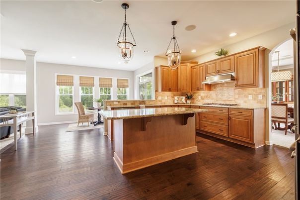 Dining room, Interior, Kitchen, Pendant Lights, Recessed Lighting, Wood Texture Flooring