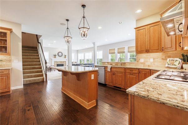 Fireplace, Interior, Kitchen, Pendant Lights, Recessed Lighting, Wood Texture Flooring