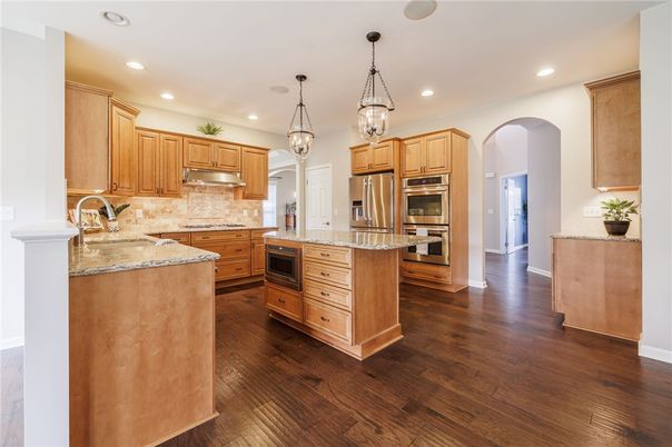 Interior, Kitchen, Pendant Lights, Recessed Lighting, Stainless Steel Appliances, Wood Texture Flooring