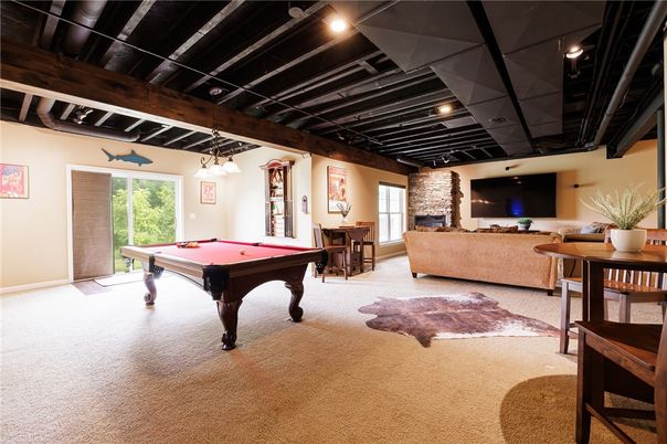 Billiard Table, Fireplace, Game Room, Interior, Living room, Pendant Lights, Recessed Lighting, Stone Walls
