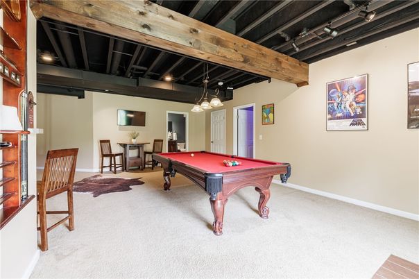 Billiard Table, Game Room, Interior, Pendant Lights, Wooden Beams