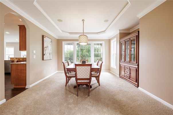 Dining room, Interior, Pendant Lights, Recessed Lighting, Wood Texture Flooring