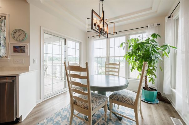 Dining room, Interior, Pendant Lights, Wood Texture Flooring
