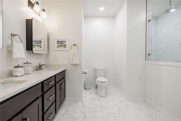 Bathroom, Dual Sink Vanities, Interior, Marble, Marble Walls, Recessed Lighting
