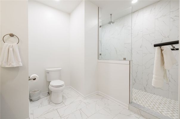 Bathroom, Glass Shower, Interior, Marble, Marble Walls, Recessed Lighting