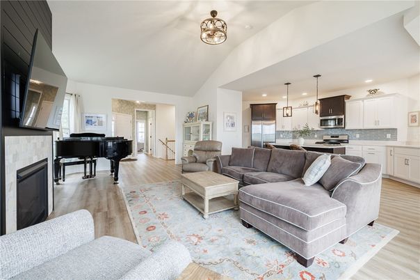 Fireplace, Interior, Kitchen, Living room, Pendant Lights, Piano, Recessed Lighting, Wood Texture Flooring