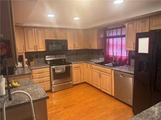Interior, Kitchen, Recessed Lighting, Stainless Steel Appliances, Wood Texture Flooring