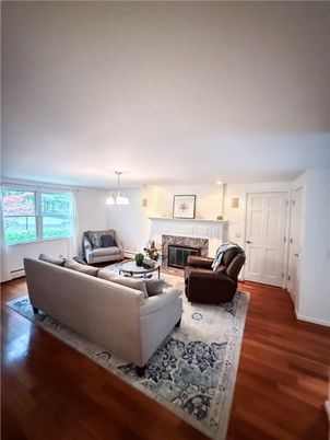 Fireplace, Interior, Living room, Pendant Lights, Wood Texture Flooring