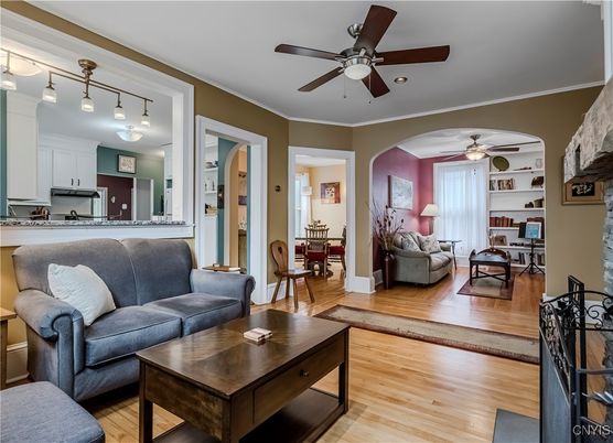 Dining room, Interior, Kitchen, Living room, Recessed Lighting, Stainless Steel Appliances, Wood Texture Flooring