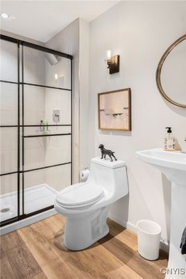 Bathroom, Glass Shower, Interior, Wood Texture Flooring