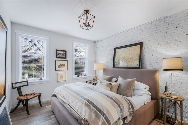 Bedroom, Interior, Pendant Lights, Stone Walls, Wood Texture Flooring