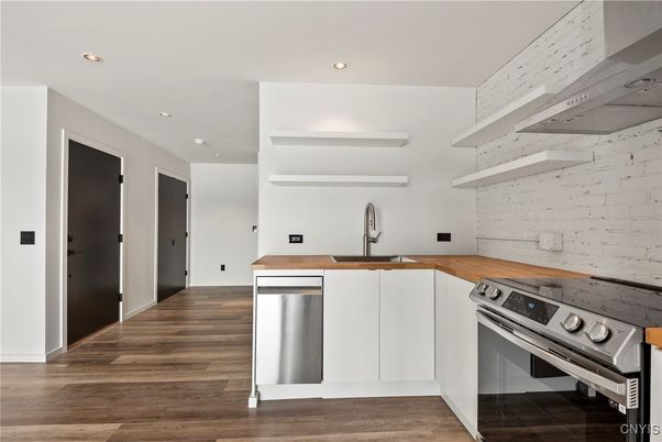 Interior, Kitchen, Recessed Lighting, Stainless Steel Appliances, Wood Texture Flooring