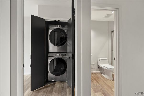 Bathroom, Interior, Utility Closets, Washer, Wood Texture Flooring