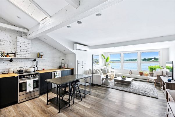Interior, Kitchen, Living room, Stainless Steel Appliances, Stone Walls, Water, Wood Texture Flooring