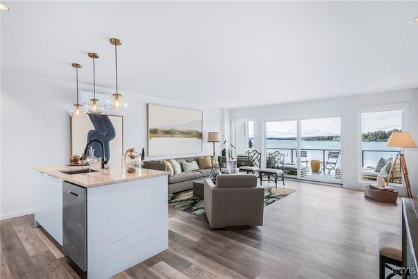 Interior, Kitchen, Living room, Pendant Lights, Recessed Lighting, Water, Wood Texture Flooring