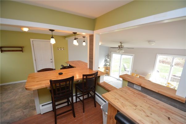 Dining room, Interior, Kitchen, Pendant Lights, Wood Texture Flooring