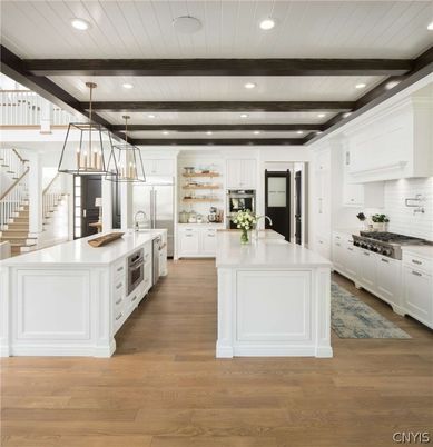 Interior, Kitchen, Pendant Lights, Recessed Lighting, Stainless Steel Appliances, Wooden Beams, Wood Texture Flooring