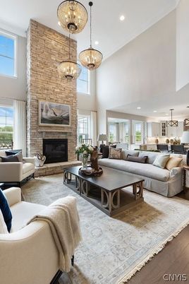 Fireplace, Interior, Kitchen, Living room, Pendant Lights, Recessed Lighting, Stone Walls, Wood Texture Flooring