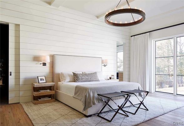Bedroom, Interior, Pendant Lights, Wood Texture Flooring
