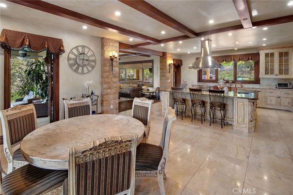 Dining room, Interior, Kitchen, Recessed Lighting, Stainless Steel Appliances, Wooden Beams