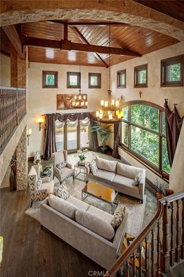 Chandelier, Interior, Living room, Wooden Beams, Wooden Ceilings, Wood Texture Flooring