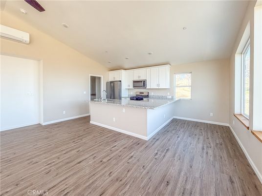 Empty room, Interior, Kitchen, Stainless Steel Appliances, Wood Texture Flooring
