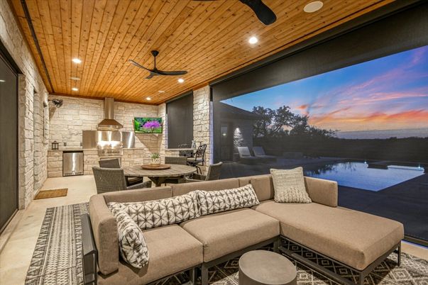 Dining room, Interior, Living room, Recessed Lighting, Stone Walls, Water, Wooden Ceilings