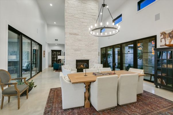 Dining room, Fireplace, Interior, Living room, Pendant Lights, Recessed Lighting, Stone Walls