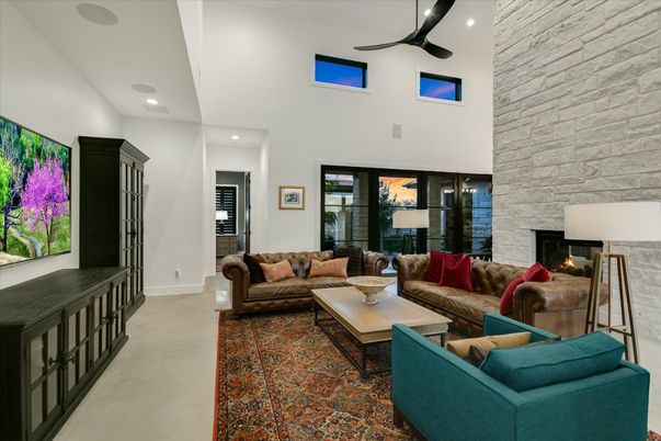 Fireplace, Interior, Living room, Recessed Lighting, Stone Walls