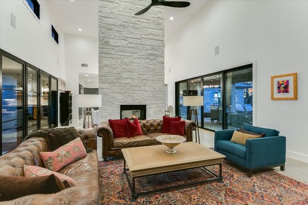 Fireplace, Interior, Living room, Recessed Lighting, Stone Walls