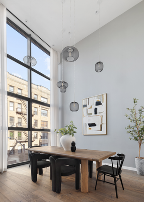 Dining room, Interior, Pendant Lights, Wood Texture Flooring