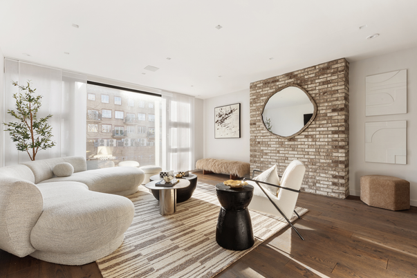 Interior, Living room, Recessed Lighting, Stone Walls, Wood Texture Flooring