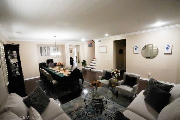 Dining room, Interior, Living room, Pendant Lights, Recessed Lighting, Wood Texture Flooring