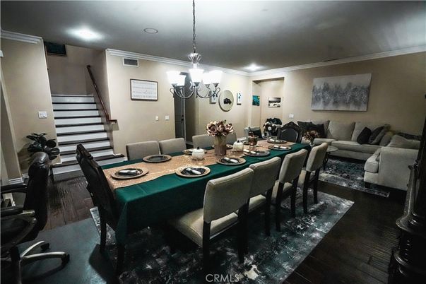 Chandelier, Dining room, Interior, Living room, Pendant Lights, Recessed Lighting, Wood Texture Flooring