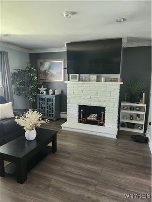 Fireplace, Interior, Living room, Recessed Lighting, Wood Texture Flooring