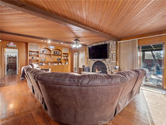 Fireplace, Interior, Living room, Recessed Lighting, Stone Walls, Wooden Beams, Wooden Ceilings, Wood Texture Flooring