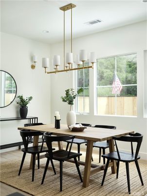 Dining room, Interior, Pendant Lights, Recessed Lighting, Wood Texture Flooring
