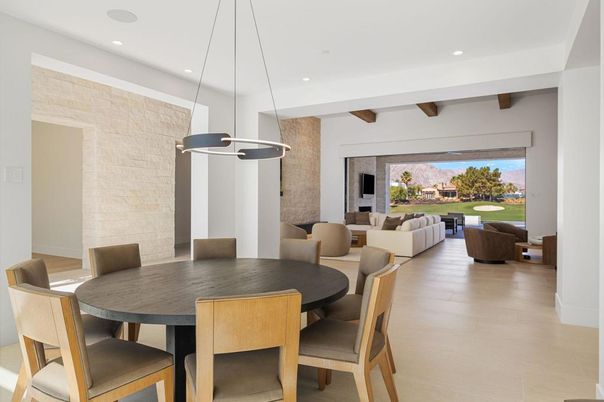 Dining room, Fireplace, Interior, Living room, Pendant Lights, Recessed Lighting, Stone Walls, Wooden Beams