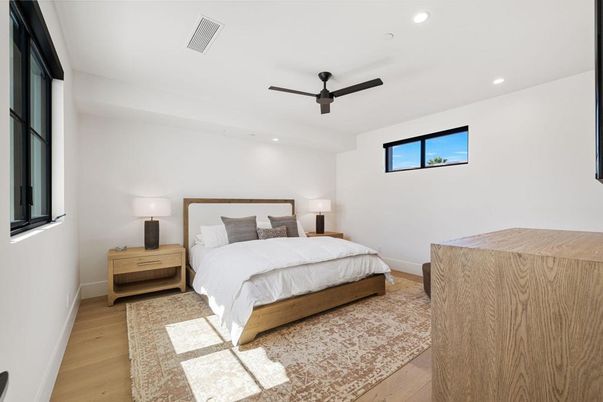 Bedroom, Interior, Recessed Lighting, Wood Texture Flooring