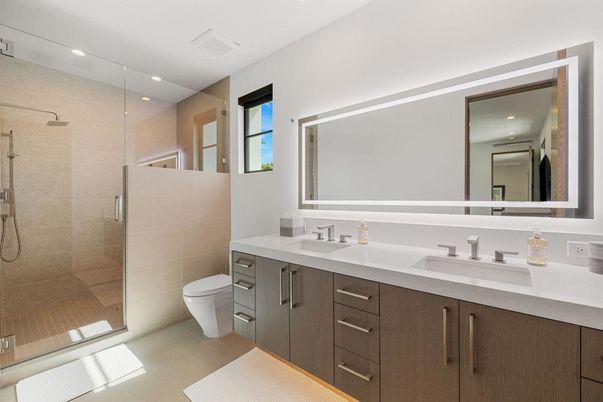 Bathroom, Dual Sink Vanities, Glass Shower, Interior, Recessed Lighting